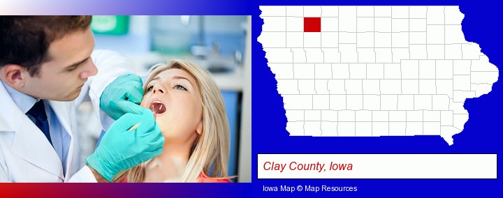 a dentist examining teeth; Clay County, Iowa highlighted in red on a map