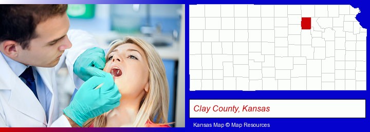 a dentist examining teeth; Clay County, Kansas highlighted in red on a map