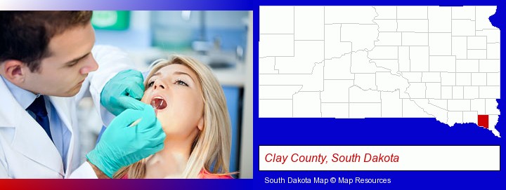 a dentist examining teeth; Clay County, South Dakota highlighted in red on a map
