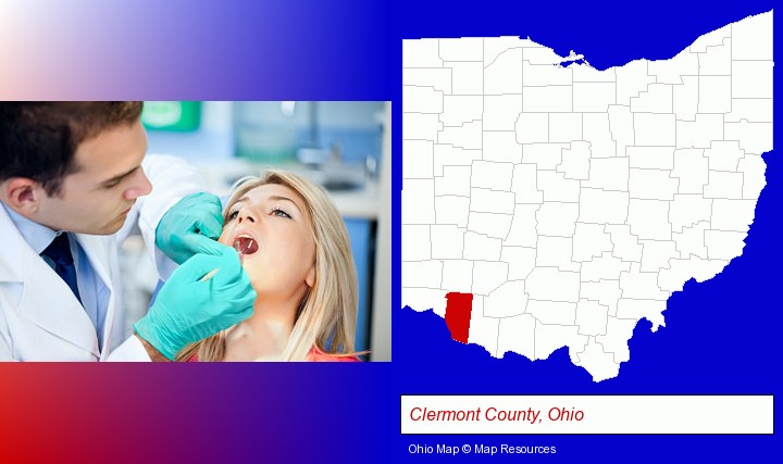 a dentist examining teeth; Clermont County, Ohio highlighted in red on a map