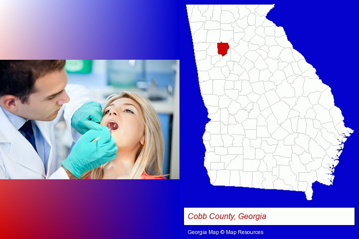 a dentist examining teeth; Cobb County, Georgia highlighted in red on a map