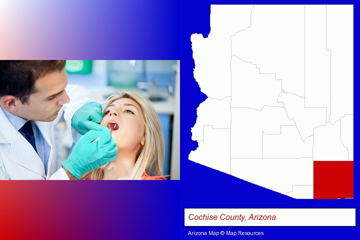 a dentist examining teeth; Cochise County, Arizona highlighted in red on a map