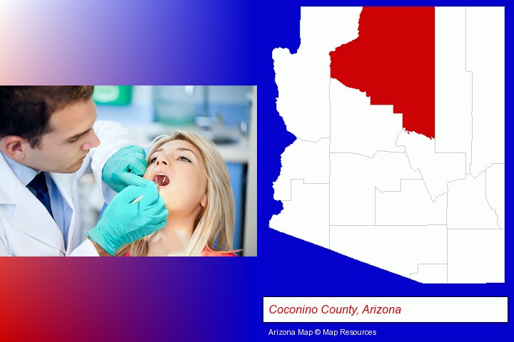 a dentist examining teeth; Coconino County, Arizona highlighted in red on a map