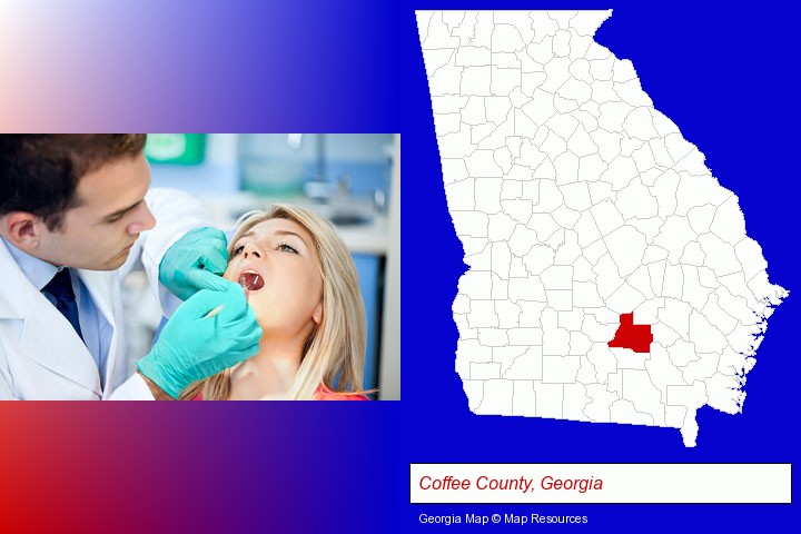 a dentist examining teeth; Coffee County, Georgia highlighted in red on a map