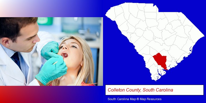 a dentist examining teeth; Colleton County, South Carolina highlighted in red on a map