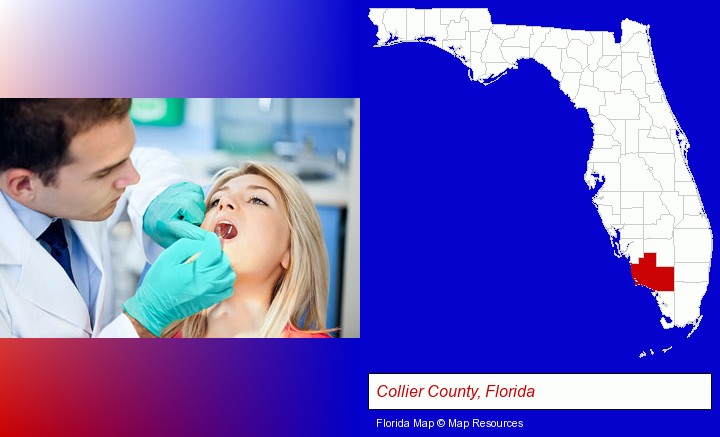 a dentist examining teeth; Collier County, Florida highlighted in red on a map