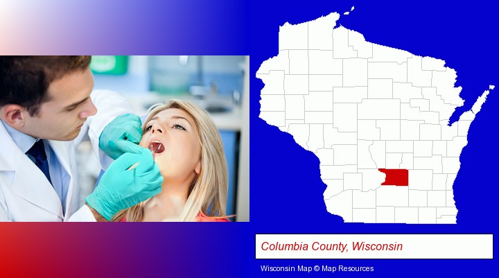 a dentist examining teeth; Columbia County, Wisconsin highlighted in red on a map