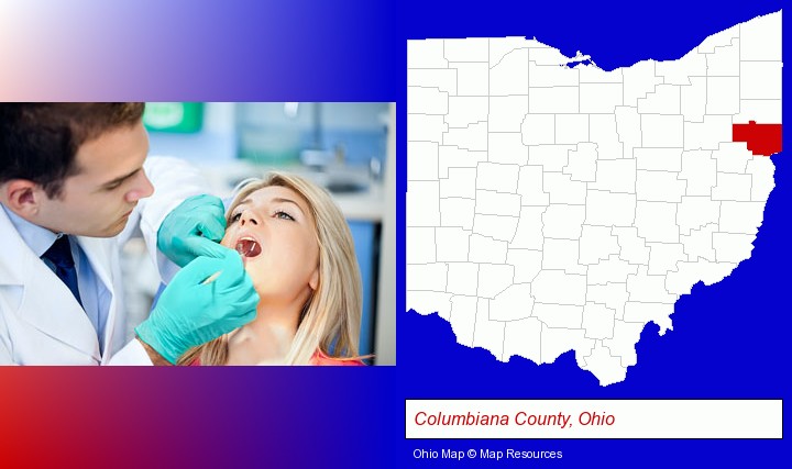 a dentist examining teeth; Columbiana County, Ohio highlighted in red on a map