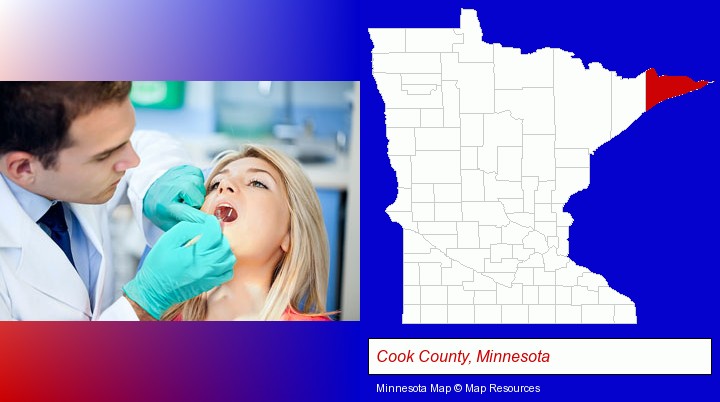 a dentist examining teeth; Cook County, Minnesota highlighted in red on a map
