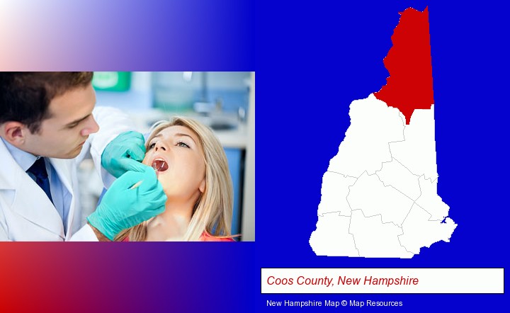 a dentist examining teeth; Coos County, New Hampshire highlighted in red on a map