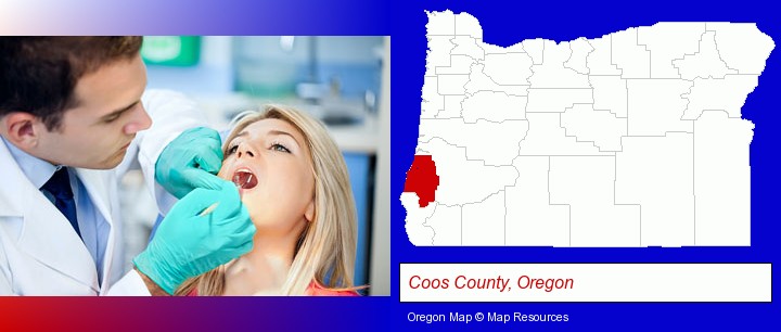 a dentist examining teeth; Coos County, Oregon highlighted in red on a map