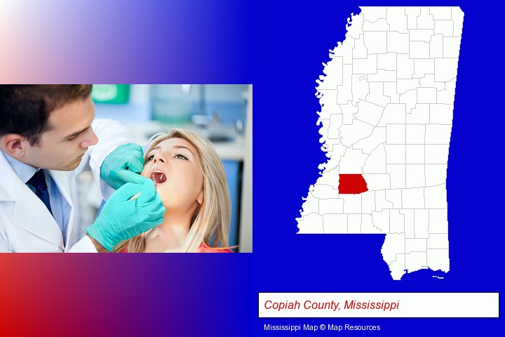 a dentist examining teeth; Copiah County, Mississippi highlighted in red on a map
