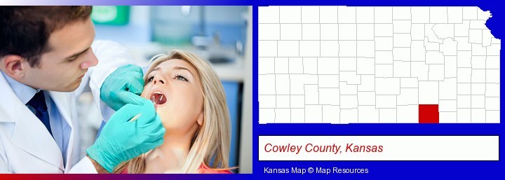 a dentist examining teeth; Cowley County, Kansas highlighted in red on a map