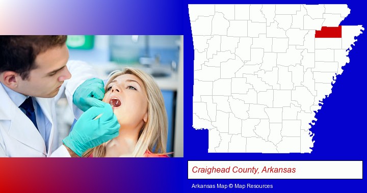 a dentist examining teeth; Craighead County, Arkansas highlighted in red on a map