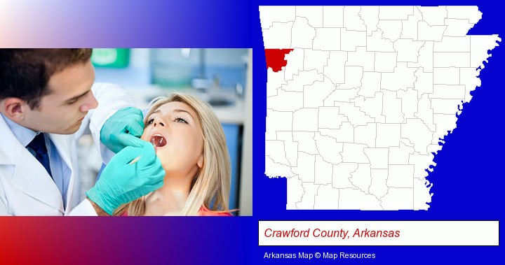 a dentist examining teeth; Crawford County, Arkansas highlighted in red on a map