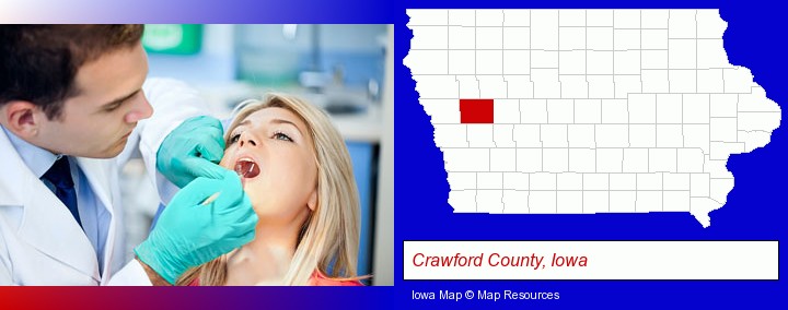 a dentist examining teeth; Crawford County, Iowa highlighted in red on a map