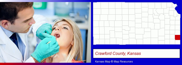 a dentist examining teeth; Crawford County, Kansas highlighted in red on a map