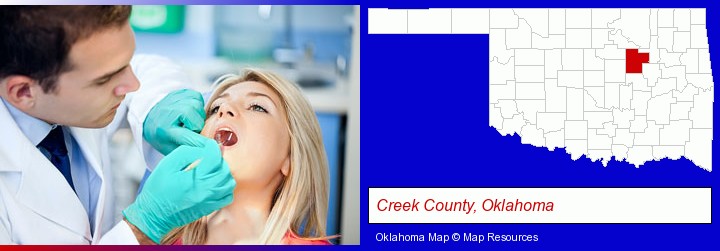 a dentist examining teeth; Creek County, Oklahoma highlighted in red on a map