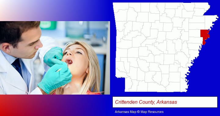 a dentist examining teeth; Crittenden County, Arkansas highlighted in red on a map