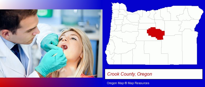 a dentist examining teeth; Crook County, Oregon highlighted in red on a map