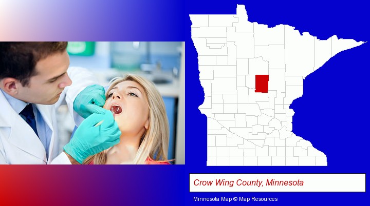 a dentist examining teeth; Crow Wing County, Minnesota highlighted in red on a map
