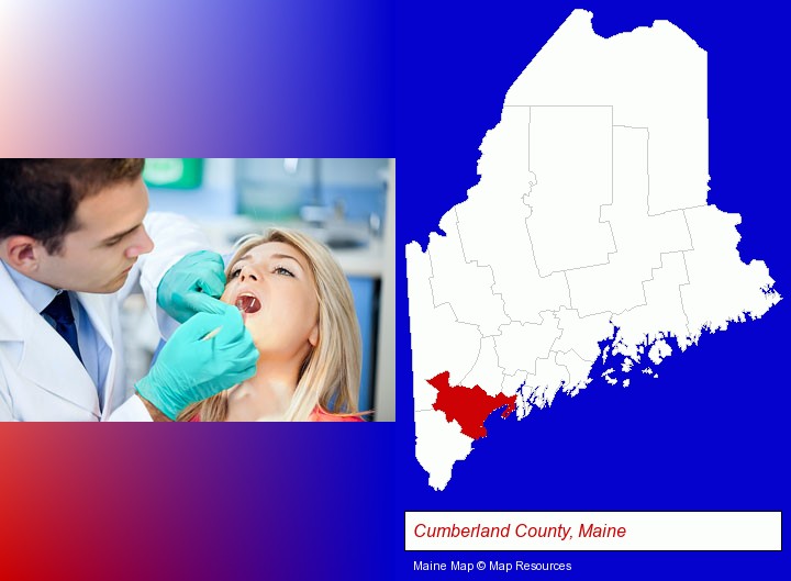 a dentist examining teeth; Cumberland County, Maine highlighted in red on a map