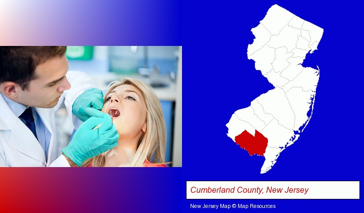 a dentist examining teeth; Cumberland County, New Jersey highlighted in red on a map