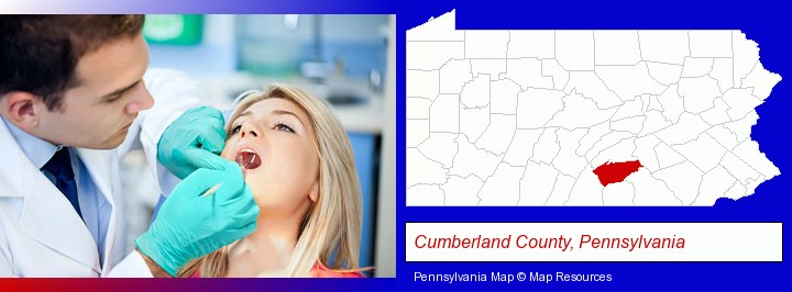 a dentist examining teeth; Cumberland County, Pennsylvania highlighted in red on a map