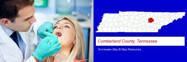 a dentist examining teeth; Cumberland County, Tennessee highlighted in red on a map