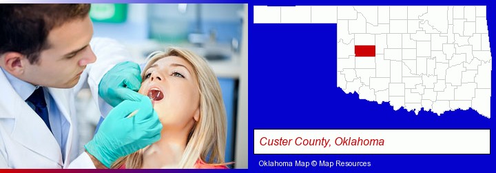 a dentist examining teeth; Custer County, Oklahoma highlighted in red on a map
