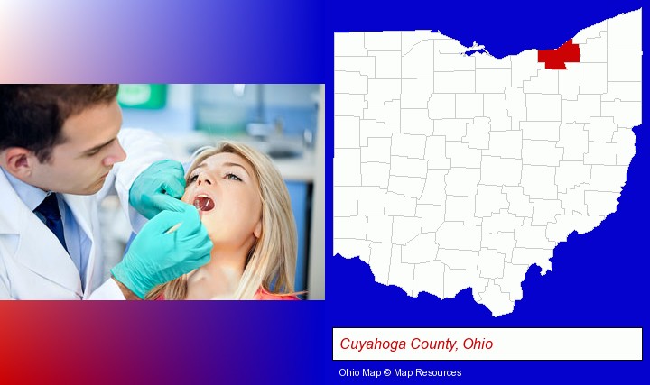 a dentist examining teeth; Cuyahoga County, Ohio highlighted in red on a map