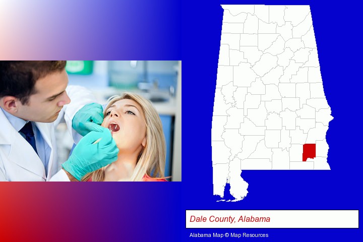a dentist examining teeth; Dale County, Alabama highlighted in red on a map