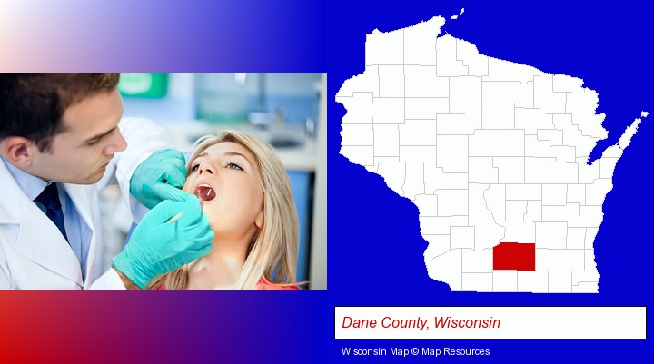 a dentist examining teeth; Dane County, Wisconsin highlighted in red on a map