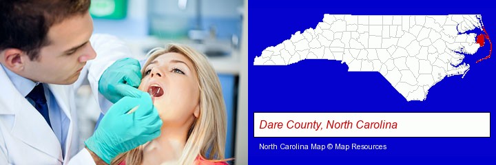 a dentist examining teeth; Dare County, North Carolina highlighted in red on a map