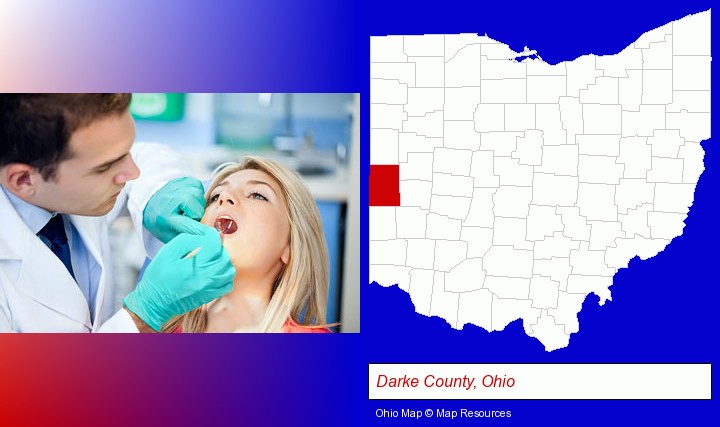 a dentist examining teeth; Darke County, Ohio highlighted in red on a map