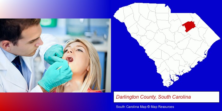 a dentist examining teeth; Darlington County, South Carolina highlighted in red on a map