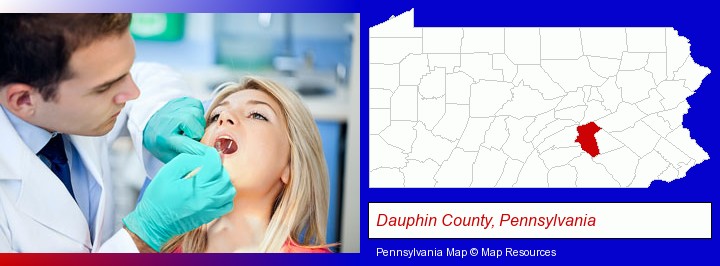 a dentist examining teeth; Dauphin County, Pennsylvania highlighted in red on a map
