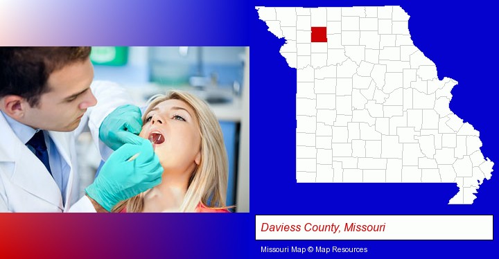 a dentist examining teeth; Daviess County, Missouri highlighted in red on a map
