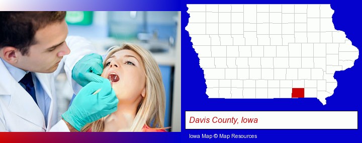 a dentist examining teeth; Davis County, Iowa highlighted in red on a map