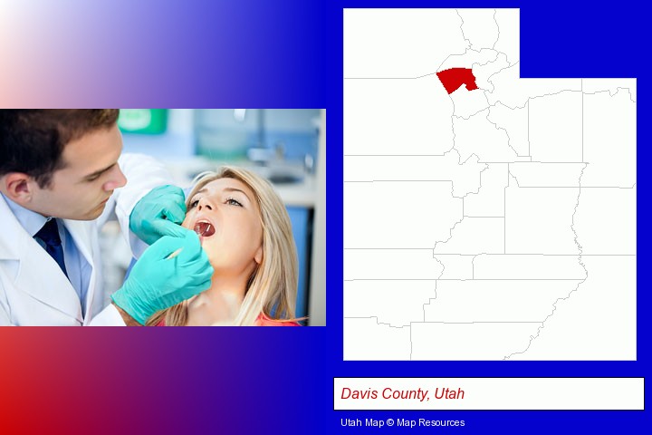 a dentist examining teeth; Davis County, Utah highlighted in red on a map