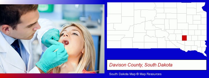 a dentist examining teeth; Davison County, South Dakota highlighted in red on a map