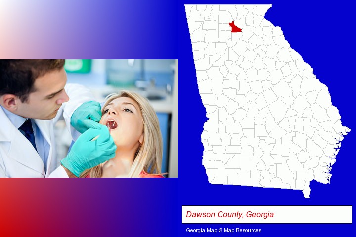 a dentist examining teeth; Dawson County, Georgia highlighted in red on a map