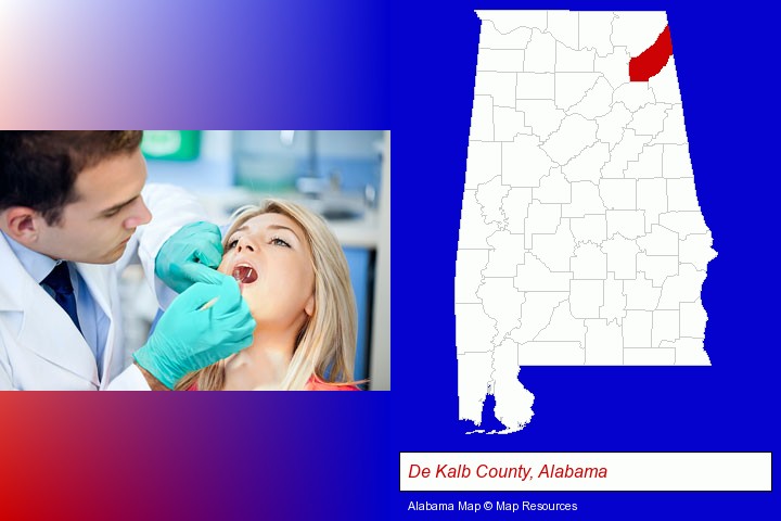 a dentist examining teeth; De Kalb County, Alabama highlighted in red on a map