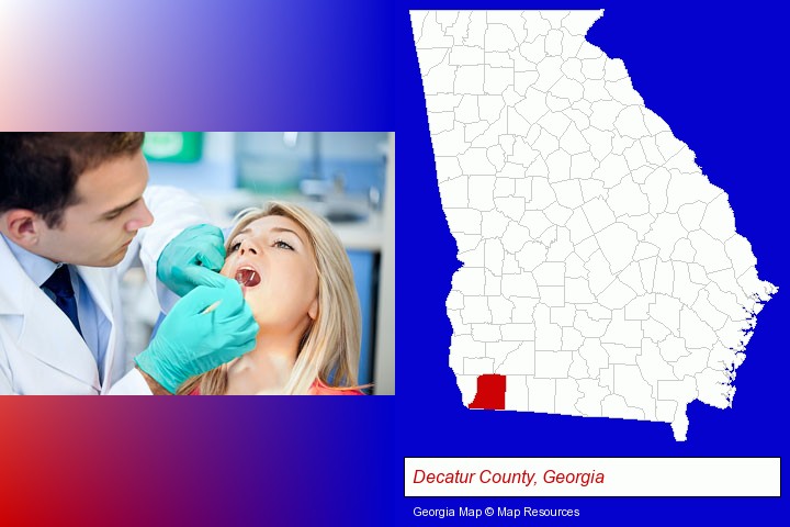 a dentist examining teeth; Decatur County, Georgia highlighted in red on a map