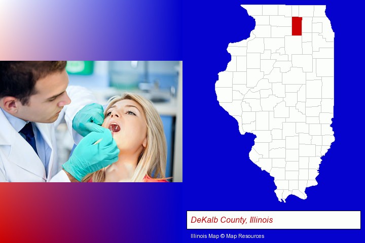 a dentist examining teeth; DeKalb County, Illinois highlighted in red on a map