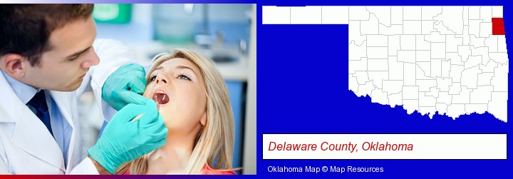 a dentist examining teeth; Delaware County, Oklahoma highlighted in red on a map