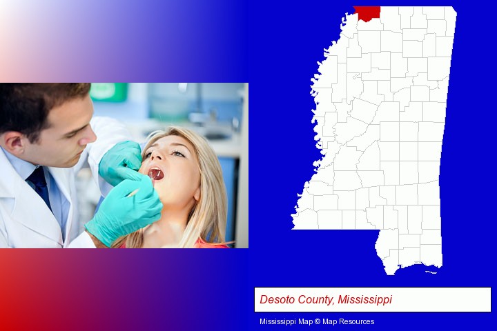a dentist examining teeth; Desoto County, Mississippi highlighted in red on a map
