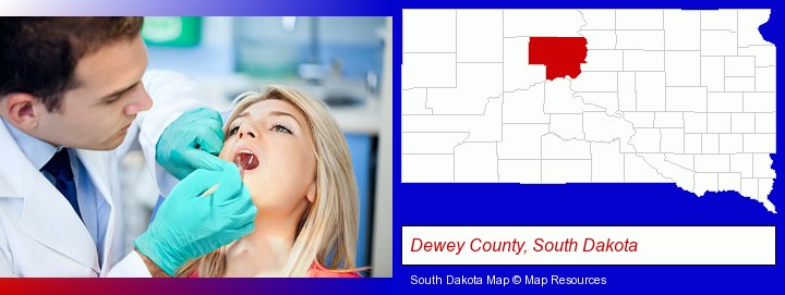 a dentist examining teeth; Dewey County, South Dakota highlighted in red on a map