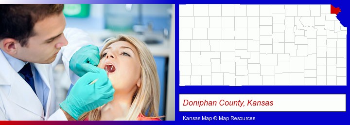 a dentist examining teeth; Doniphan County, Kansas highlighted in red on a map