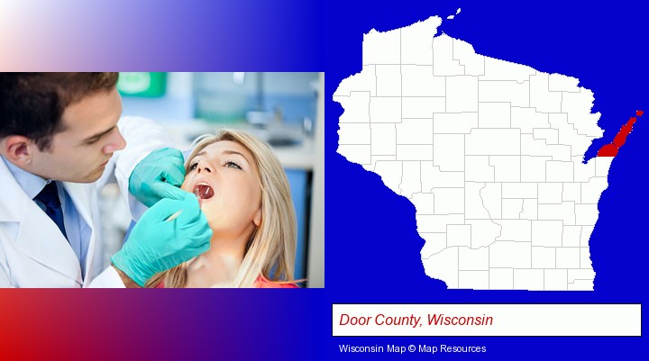 a dentist examining teeth; Door County, Wisconsin highlighted in red on a map